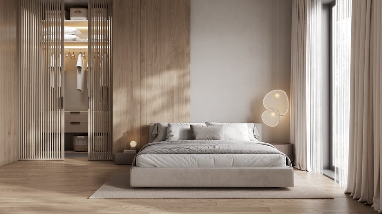 Stylish bedroom interior with closet and wooden panel