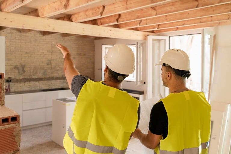 Construction workers renovating house