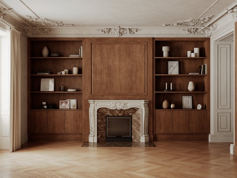 Classic empty interior with fireplace, brown wood cabinet, shelves and decor