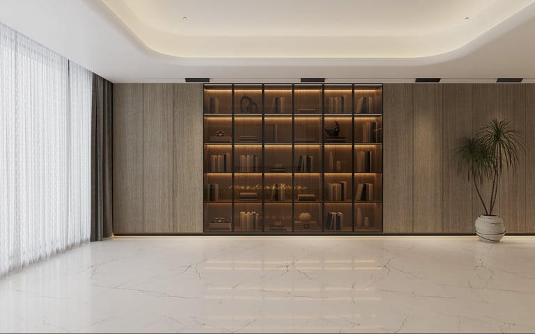 Modern Minimalist Interior with Built-in Wooden Bookshelf and Decorative Lighting