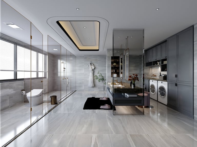Luxury modern bathroom with marble, glass shower, and freestanding bathtub