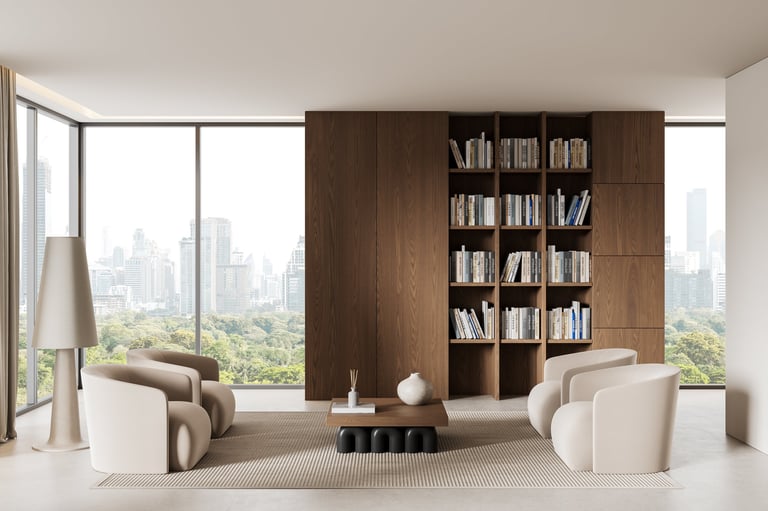 Elegant modern interior with soft beige armchairs, wooden bookshelf, and panoramic windows