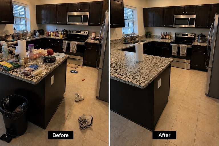 Before and after kitchen cleanup comparison showing messy kitchen on left and organized clean kitchen on right